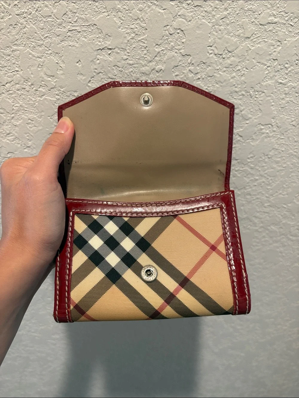 Burberry Nova Check Plaid Wallet with Red Trim